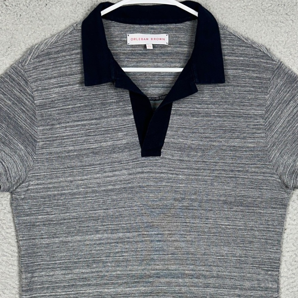 Orlebar Brown Felix Polo Shirt Mens Large Grey Navy Open Placket Johnny Collar